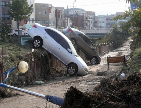 Hàng loạt xe ôtô 'leo cây' và 'vượt rào' trong cơn bão Chaba