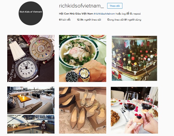 Instagram của Hội con nhà giàu Việt Nam  Đến nay đã được 4 tháng, mặc dù chỉ vẻn vẹn có 61 tấm ảnh được chia sẻ trên instagram nhưng cũng đủ để cộng đồng mạng được phen 