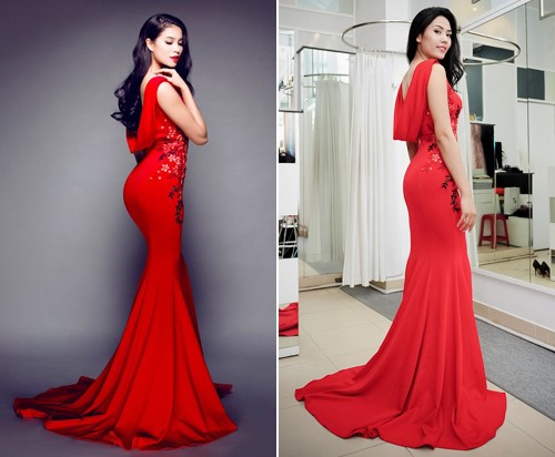 Trong bộ váy dạ hội "đuôi cá" tông màu đỏ, chân dài sinh năm 1991 được khen ngợi là quyến rũ hơn Nguyễn Thị Loan. Ảnh: CB, FBNV.