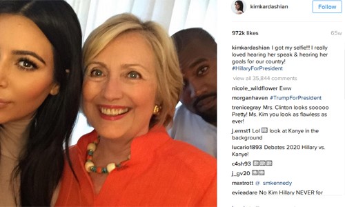 Vợ chồng Kim Kardashian và Kanye West đăng tải ảnh chụp cùng bà Hillary cùng hashtag bầu bà vào vị trí tổng thống. Hình ảnh có hơn 972.000 lượt like trên trang cá nhân.