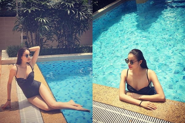 Những giây phút thảnh thơi  thư giãn của Phạm Hương tại bể bơi