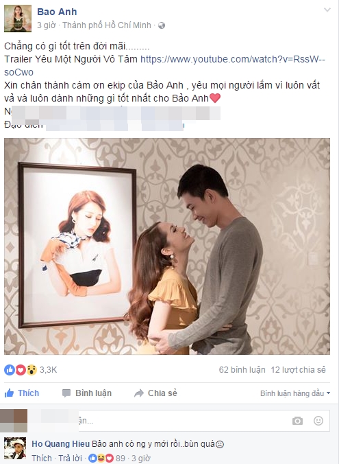 Hồ Quang Hiếu hóm hỉnh bình luận dưới lời chia sẻ của bạn gái Bảo Anh về sản phẩm mới Trailer Yêu Người Vô Tâm khiến nhiều người thích thú cho rằng anh đang 