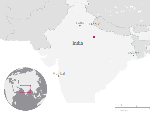 Địa điểm xảy ra tai nạn thuộc thị trấn Pukhrayan, cách thành phố Kanpur (bang Uttar Pradesh) 65 km về phía nam. Theo một báo cáo gần đây của chính phủ Ấn Độ, khoảng 15.000 người thiệt mạng vì tai nạn đường sắt mỗi năm tại nước này. Đồ họa: Guardian.