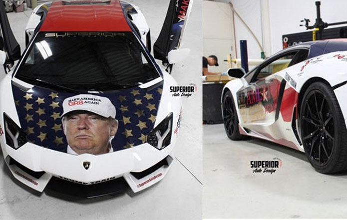 Đây là chiếc siêu xe Lamborghini Aventador Donald Trump được ra mắt vào tháng 5/2016 của một người hâm mộ tỷ phú này. Chiếc xe được tạo ra với mục đích ủng hộ cho ông Trump thắng cử vào vị trí Tổng thống Mỹ và kết thúc vào ngày 8/11 vừa qua. 