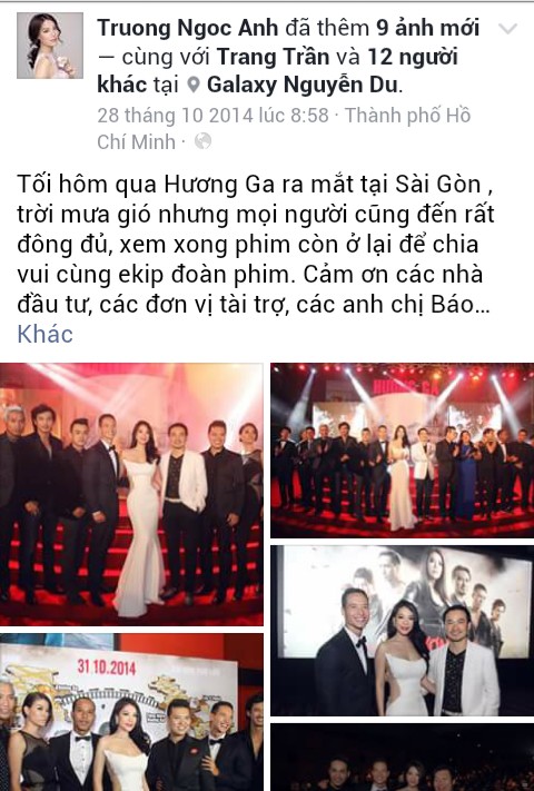 Ngày 28/10/2014, Trương Ngọc Ánh ra mắt bộ phim Hương Ga ở TP HCM.