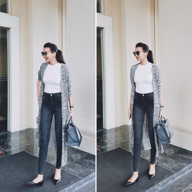 Áo khoác len là items được giám khảo Vietnam's Next Top Model yêu thích mỗi khi thu về. Thông thường, Thanh Hằng chọn áo thun thoải mái, quần jean ôm tôn đường cong cơ thể.