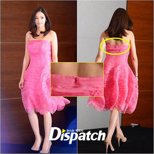 Han Chae Young lo lắng chiếc váy cúp ngực có thể tụt bất cứ lúc nào nên đã chọn cách khâu tạm vài cm.