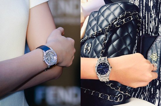 Còn đây là đồng hồ Chopard (bên trái) đính đá quý có giá bán 75.000 USD (khoảng 1,7 tỷ đồng) và đồng hồ Royal Oak (bên phải) có giá thấp nhất là 300 triệu đồng, tùy thuộc vào số viên kim cương gắn trên mặt.