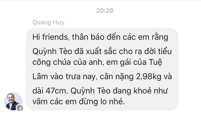 Quang Huy gửi tin nhắn tơi bạn bè để thông báo tình hình sức khỏe của vợ và con gái. 