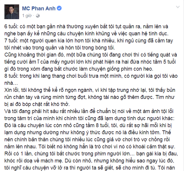 Mở đầu câu chuyện trên trang cá nhân, Phan Anh không ngại đề cập ngay đến tuổi thơ nhạy cảm. 
