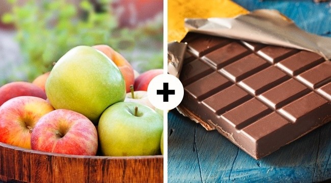 Táo và chocolate: Trong táo có chứa enzyme catechin, chất này kết hợp cùng quercetin chống oxy hóa có trong chocolate giúp tăng cường miễn dịch, kích thích hoạt động của não, cải thiện hoạt động của tim và mạch máu, giảm nguy cơ mắc bệnh ung thư.