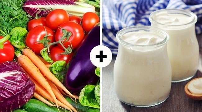 Rau quả và sữa chua: Sữa chua tự nhiên không chứa phẩm, ít đường là tốt nhất. Vitamin trong rau xanh giúp quá trình hấp thụ canxi trong sữa chua tốt hơn. Sự kết hợp này giúp cải thiện chức năng dạ dày  và bình thường hóa vi sinh đường ruột.