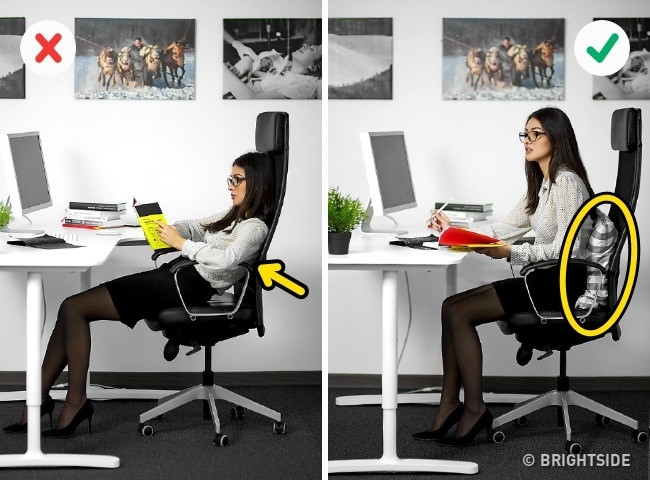 2. Đau lưng: Chiều sâu của ghế nên phù hợp với chiều dài của lưng. Nếu ngồi trong một chiếc ghế quá to, bạn có thể sử dụng gối hoặc tấm kê lưng. Lưng ghế nên có độ cong tương tự như lưng người. 