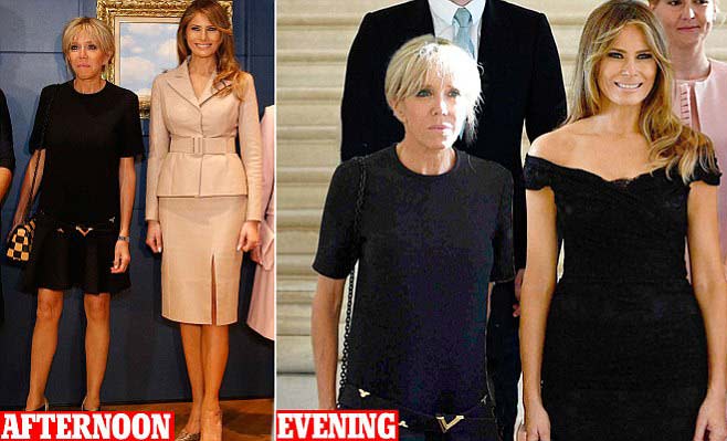 Đệ nhất phu nhân Pháp vẫn mặc 1 chiếc váy của Louis Vuitton còn Đệ nhất phu nhân Mỹ đã kịp thay 2 bộ đồ.