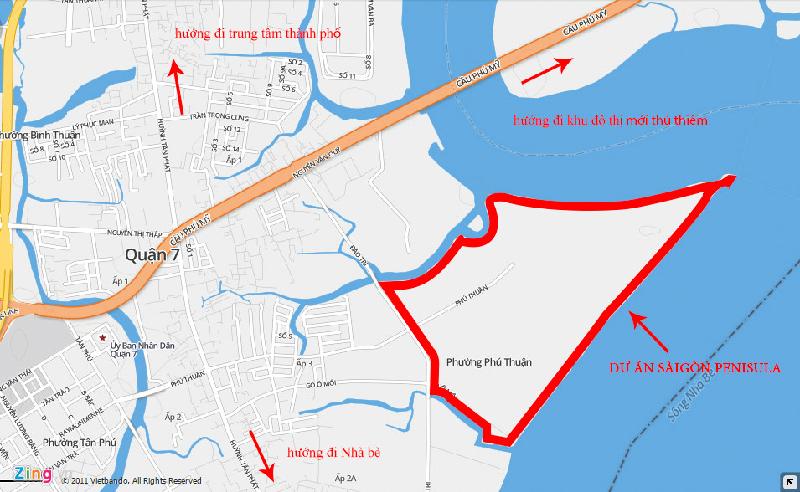 Khu đất quy hoạch thuộc phường Phú Thuận, quận 7, TP HCM (thường gọi là Mũi Đèn Đỏ) có phía đông và nam giáp sông Nhà Bè, phía tây giáp đường Đào Trí hiện hữu, phía bắc giáp sông Sài Gòn và rạch Bà Bướm.