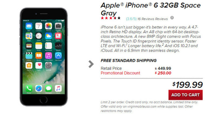 iPhone 6 bản 32 GB có giá bán 199 USD tại Mỹ. 