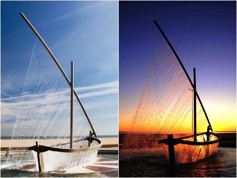 Nằm ở Playa de la Malvarrosa, Valencia, Tây Ban Nha, Water Boat Fountain là một tác phẩm nghệ thuật ấn tượng. Nước từ những lỗ nhỏ trên một khung thép chảy xuống tạo thành hình một thuyền giương buồm lướt trên sóng. Đây là một điểm đến thu hút du khách ở Tây Ban Nha. Hiệu ứng từ ánh sáng mặt trời khiến “chiếc thuyền” trở nên đẹp mắt. Ảnh: 