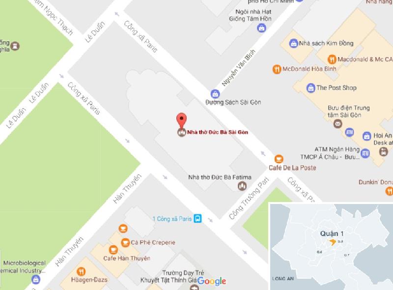 Nhà thờ Đức Bà nằm ở số 1, Công xã Paris, phường Bến Nghé, quận 1, TP.HCM. Ảnh: Google Map.