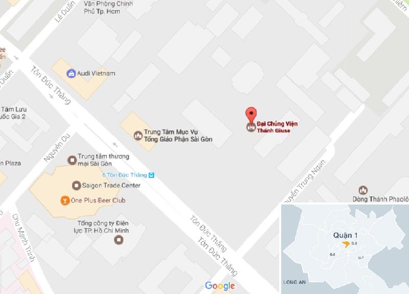 Đại chủng viện Thánh Giuse có địa chỉ tại số 6 Tôn Đức Thắng, phường Bến Nghé, quận 1, TP.HCM. Ảnh: Google Map.