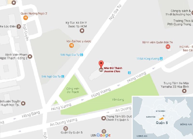 Nhà thờ Ngã Sáu nằm tại số 16A Hùng Vương, phường 9, quận 5, TP.HCM. Ảnh: Google Map.