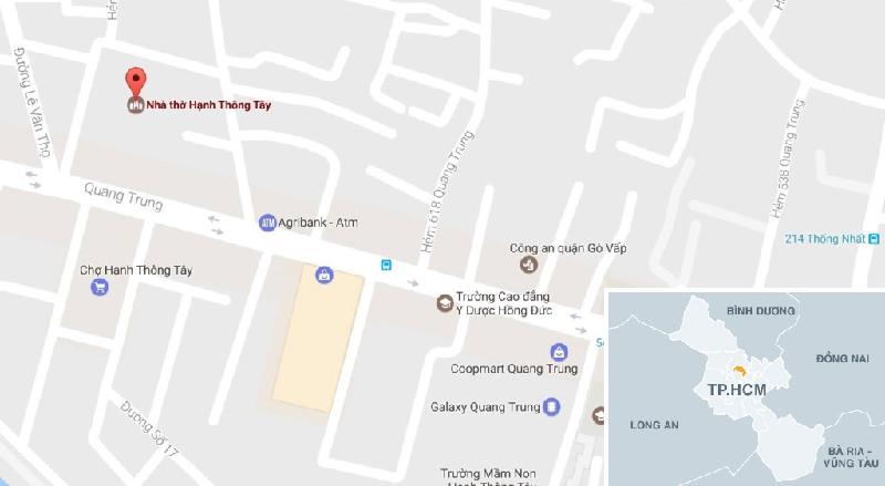 Nhà thờ Hạnh Thông Tây nằm ở số 53/7, đường Quang Trung, phường 11, quận Gò Vấp, TP.HCM. Ảnh: Google Map.