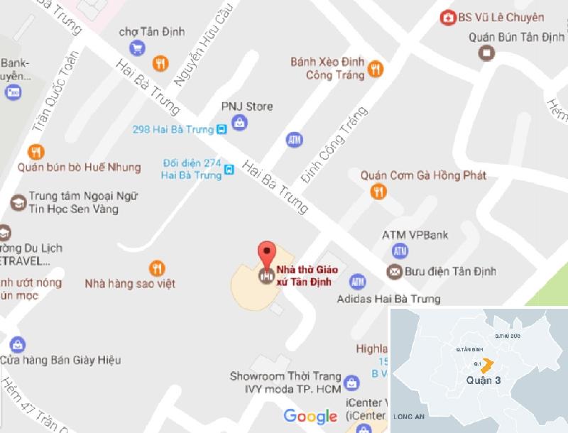 Nhà thờ Tân Định nằm ở số 289 Hai Bà Trưng, phường 8, quận 3, TP.HCM. Ảnh: Google Map.