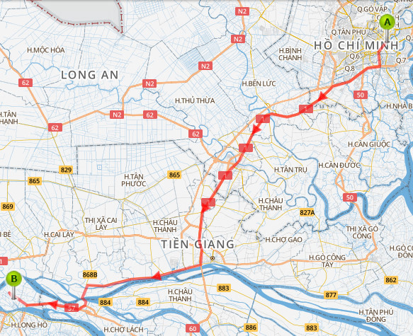 Bản đồ lộ trình di chuyển từ TP.HCM - cù lao An Bình (Vĩnh Long). 