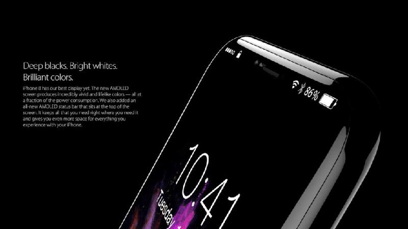 Bề mặt iPhone 8 trang bị màn hình OLED cong tràn 2.5D. Công nghệ AMOLED cho phép biểu thị hình ảnh sắc nét và chân thực đồng thời tiết kiệm năng lượng tiêu thụ của smartphone bằng cách sử dụng toàn tông màu đen cho hình nền.