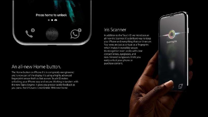 Nút Home ảo được thiết kế chìm vào màn hình OLED với công nghệ nhận dạng giấu vân tay siêu tốc. Hệ thống Touch ID tích hợp ở trước/sau iPhone 8, máy trang bị tính năng nhận diện khuôn mặt và mống mắt.