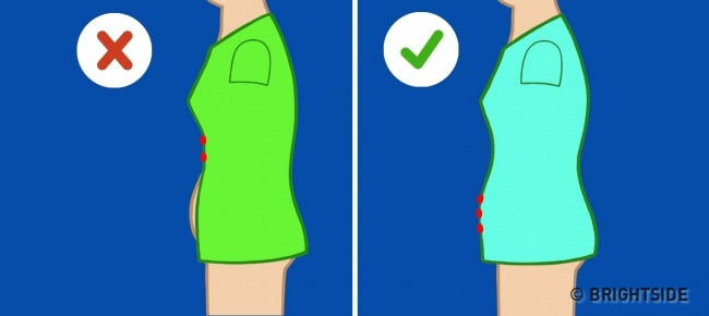 Đặt cúc đúng: Hãy đảm bảo các hàng cúc nằm ở phần bụng béo nhất. Nếu chúng nằm ở phía trên, ngay cả khi vòng eo nhỏ gọn cũng trở nên rõ nét hơn và tất cả sẽ chú ý tới vùng này.