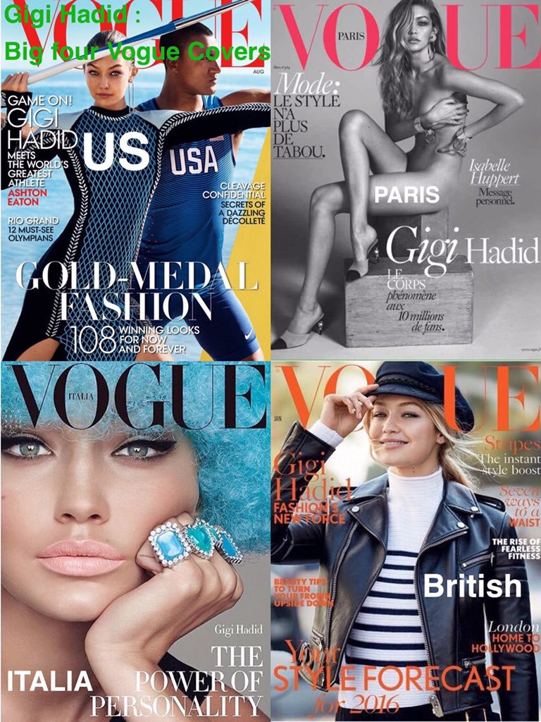 Gigi Hadid là người ghi tên mình vào 4 phiên bản lớn của tạp chí Vogue - Kinh thánh thời trang sớm nhất trong thế hệ người mẫu trẻ. Đó là thành công rất lớn dù sự nổi tiếng của cô gây nhiều tranh cãi.
