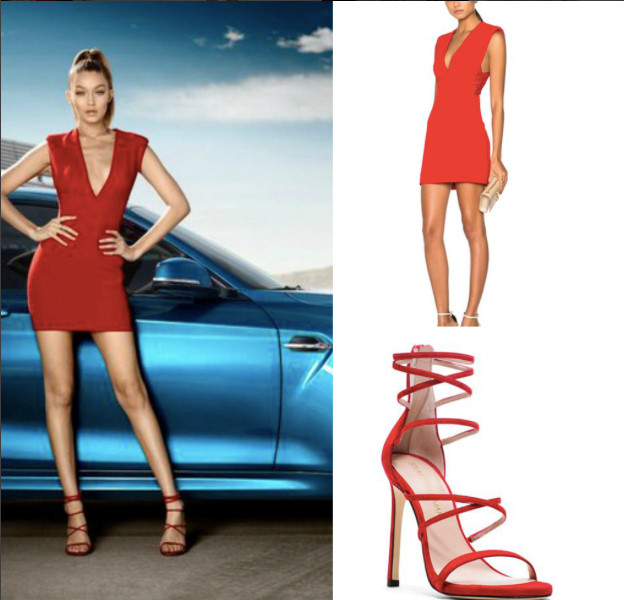 Sự matchy giữa chiếc váy đỏ xẻ ngực của Noam Hanoch kết hợp với giày sandals cùng tông Stuart Weitzman cũng là set trang phục đắt tiền trong tủ đồ hiệu của Gigi Hadid