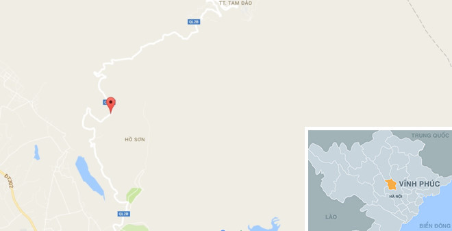 Quốc lộ 2B đoạn qua địa phận xã Hồ Sơn (chấm đỏ) - nơi xảy ra tai nạn. Ảnh: 