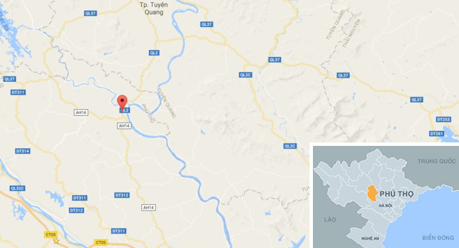 Quốc lộ 2 đoạn qua thị trấn Đoan Hùng (chấm đỏ) nơi xảy ra vụ việc cách TP Việt Trì 60km. Ảnh: 
