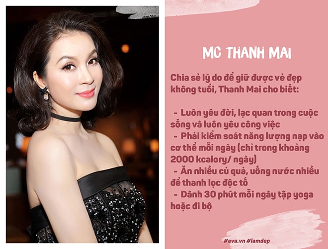 2. MC Thanh Mai  MC Thanh Mai từng đoạt danh hiệu Á hậu 2 cuộc thi “Ngôi sao điện ảnh ngày mai” năm 1992 do Hội điện ảnh tổ chức. Cô cũng luôn nằm trong top những mỹ nhân khiến nhiều người ghen tỵ bởi vẻ ngoài trẻ trung như gái 20 dù đã 45 tuổi.