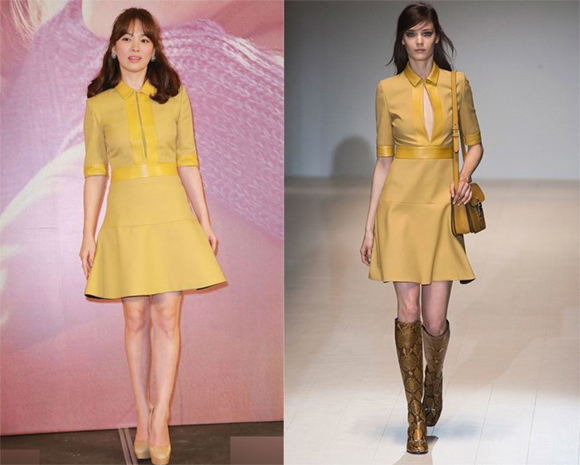 Chiếc váy vàng tôn da của Gucci được Song Hye Kyo biến tấu kín đáo và thanh lịch hơn.