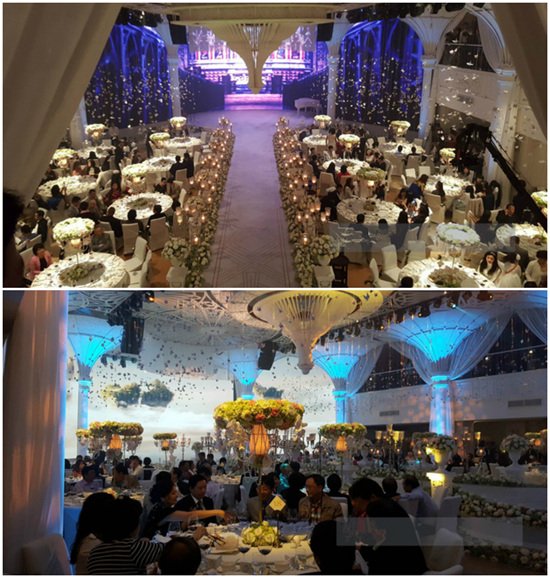 Còn đây là không gian bên trong nhà hàng tiệc cưới được thiết kế, bày trí hết sức cầu kỳ, lộng lẫy.