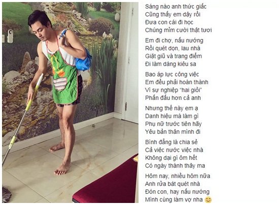 MC Phan Anh đăng tải hình ảnh giúp vợ làm việc nhà kèm theo bài thơ tặng vợ khiến nhiều người xuýt xoa, ghen tỵ.