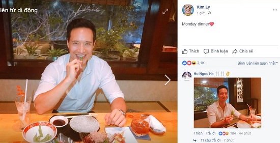 Sau khi Hồ Ngọc Hà đăng tải hình ảnh, trên trang cá nhân, Kim Lý cũng khoe khoảnh khắc vui vẻ trong bữa ăn tối. Người hâm mộ không khó nhận ra, người chụp chính là Hồ Ngọc Hà vì nữ ca sĩ cũng bình luận ảnh vào dòng trạng thái của người yêu.