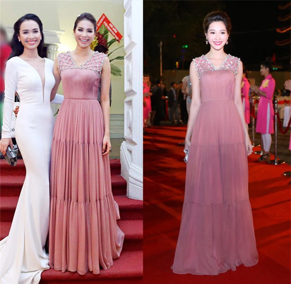 Hai người đẹp đều tạo cảm hứng cho người đối diện bằng tông váy hồng nhẹ nhàng. Tuy nhiên, Thu Thảo có phần nổi bật hơn khi có bờ vai nhỏ hơn Hoa hậu Hoàn vũ Việt Nam.