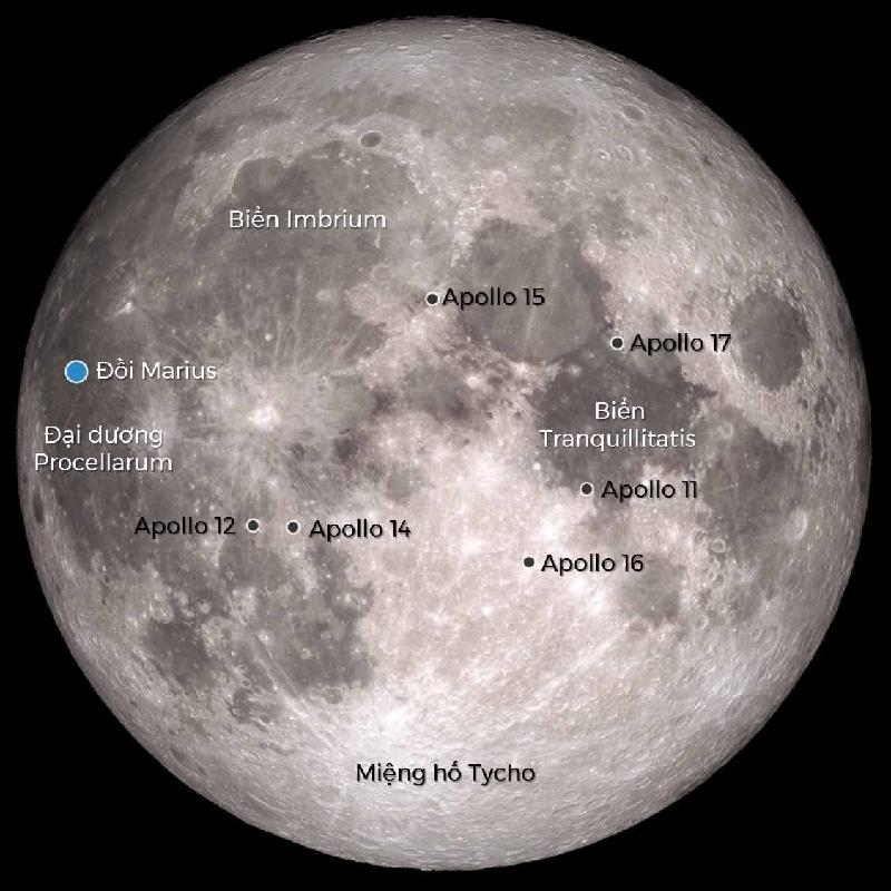 Chú thích các vị trí địa hình trên Mặt Trăng và những điểm hạ cánh của các sứ mệnh Apollo trong quá khứ. Đồi Marius là nơi phát hiện hang động ngầm. Hình ảnh: NASA. Dữ liệu: NASA, JAXA.