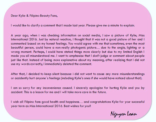 Nguyễn Thị Loan viết tâm thư gửi hoa hậu Kylie Verzosac và khán giả Philippines.