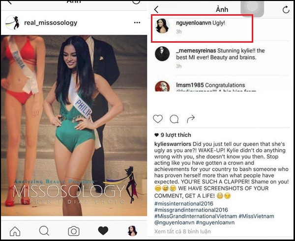 Nguyễn Thị Loan dùng từ xấu xí để miêu tả về đương kim Hoa hậu Quốc tế.  Ở thời điểm đó, bình luận của mỹ nhân nổi tiếng tại Việt Nam đã khiến cộng đồng fans sắc đẹp Philippines 