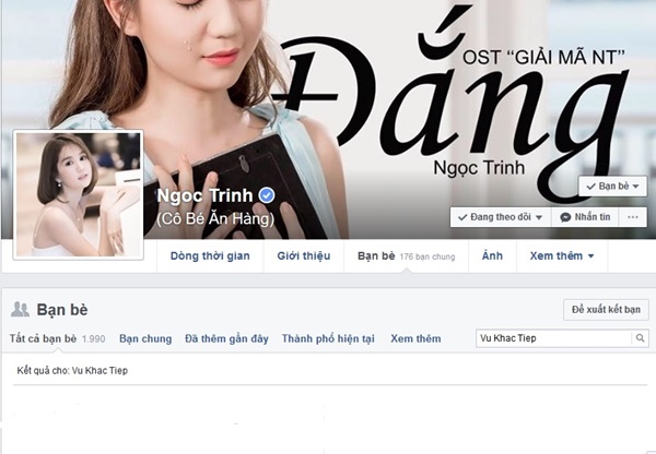 Facebook Vũ Khắc Tiệp không còn xuất hiện trên trang cá nhân của Ngọc Trinh