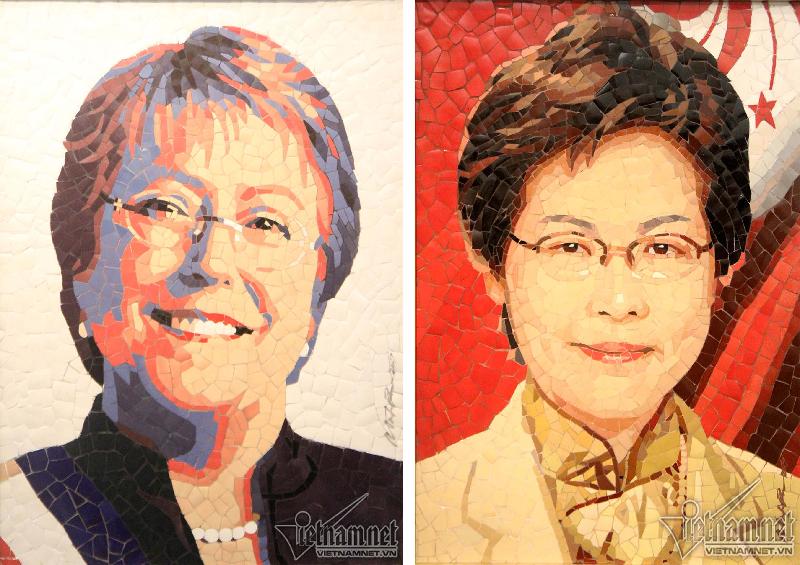 Chân dung Tổng thống Chile Michelle Bachelet (trái) và Đặc khu trưởng Đặc khu hành chính Hongkong (Trung Quốc) Lâm Trịnh Nguyệt Nga (phải)