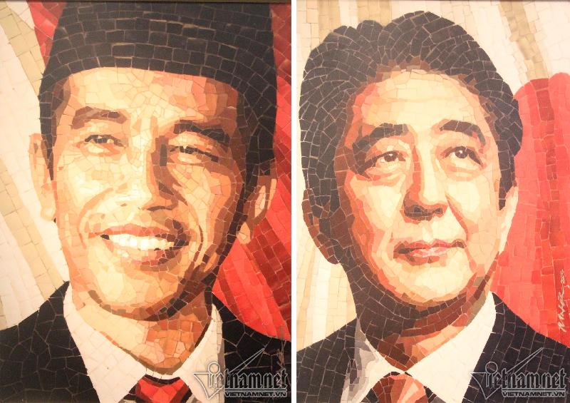 Chân dung Tổng thống Indonesia Joko Widodo (trái) và Thủ tướng Nhật Bản Shinzo Abe (phải)
