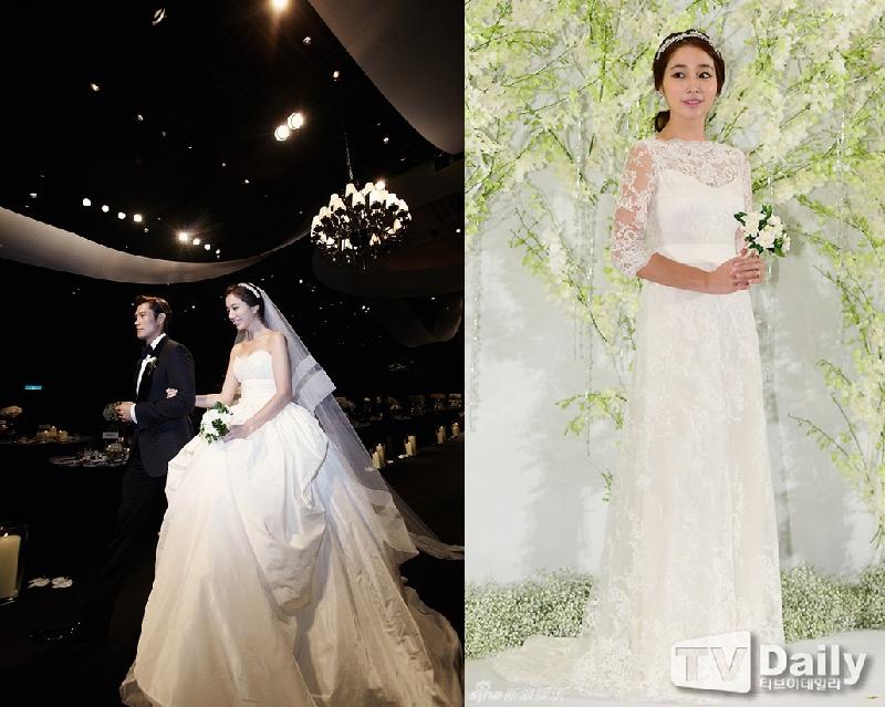 Lee Min Jung - bà xã Lee Byung Hun mặc hai chiếc váy đều đến từ thương hiệu nổi tiếng Marchesa. Theo thông tin tiết lộ, bộ váy cưới của Lee Min Jung có giá khoảng 50 triệu won (gần 1 tỉ đồng)