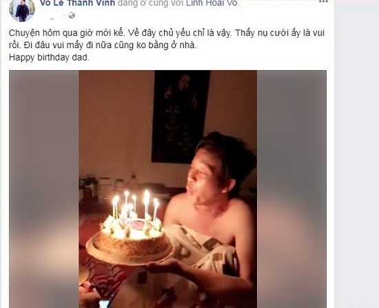 Con trai Hoài Linh - Thành Vinh chia sẻ clip người cha danh hài đón mừng tuổi mới trong phòng ngủ. Trong đoạn clip được chia sẻ, Hoài Linh cởi trần thổi nến. Con trai của anh cũng vừa từ Mỹ về Việt Nam cùng bố đón sinh nhật.