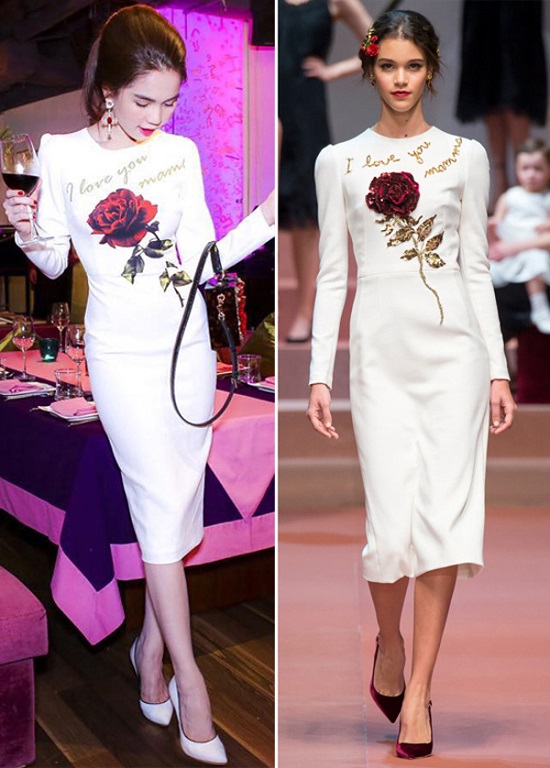 Mẫu đầm trắng hoa hồng thanh lịch của Ngọc Trinh cũng bị nghi lấy cảm hứng từ thiết kế của Dolce & Gabbana. 