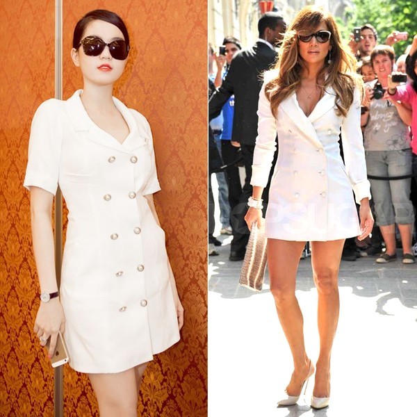 Mẫu váy giả vest mang đến cho Ngọc Trinh vẻ thanh lịch được nhiều người cho rằng lấy cảm hứng từ chiếc váy của Jennifer Lopez.
